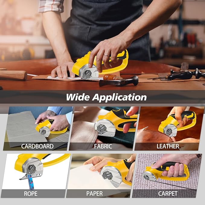Cordless Electric Scissors, 4V Rechargeable Box Cutter & Cardboard Cutter with Titanium Blade, LED Light, Safety Lock - Rotary Cutter for Fabric, Leather, Carpet, Plastic, Crafting, Sewing(Yellow)