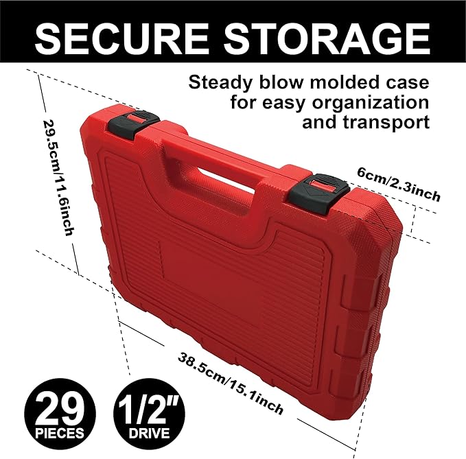 29pcs 1/2" Drive Impact Socket Set, Deep & Standard Sockets with Extension Bars, Cr-V Steel, SAE 3/8"-1", Metric 10mm-24mm