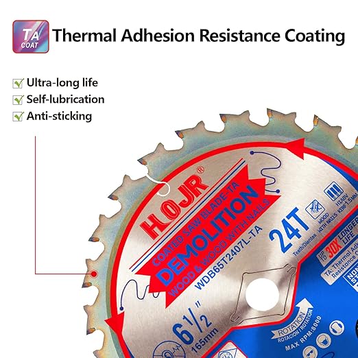 2-Pack 6-1/2" 24 Tooth 5/8" Arbor Woodworking Circular Saw Blade,Framing/Demolition,Special Anti-Thermal Adhesion Coating on Cutting Head -TA, DEM 6-1/2" 24T-TA