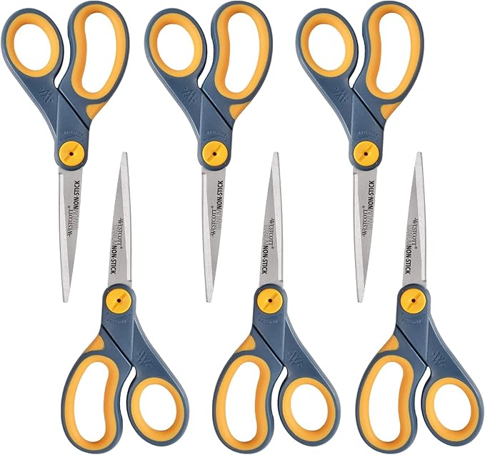 Westcott ??7597 8-Inch Non-Stick Titanium Scissors For Office and Home, Blue/Gray, 6 Pack