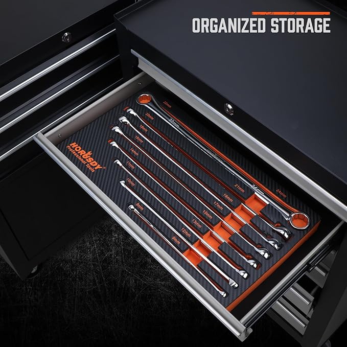 HORUSDY 8-Piece Extra Long Double Box-End Wrench Set, 12-Point Metric 8??4 mm, CR-V Steel, 15째 Offset, Off-Corner Loading, with EVA Foam Organizer