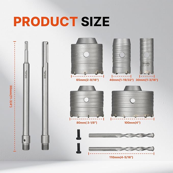 BLACK CANYON 9PCS Concrete Hole Saw Kit ??Masonry Hole Saws 30/40/65/80/100mm with 2 Drill Bits, SDS Plus & Max Shanks, Heavy-Duty Hole Saw Set for Concrete, Cement, Brick & Stone Wall Drilling