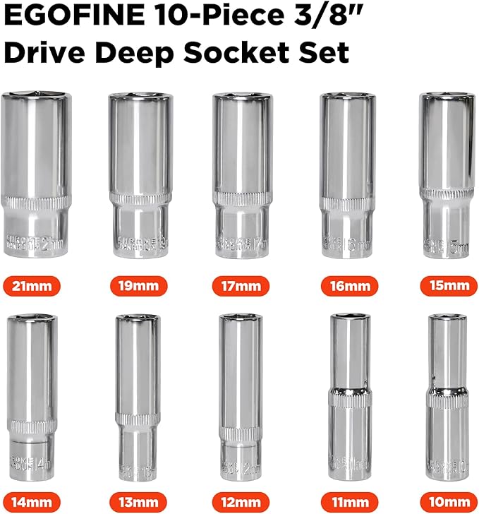 Egofine 10PCS 3/8??Drive Deep Socket Set,Metric Socket Set竊?0-21mm,6 Point Socket Set With Hanging Bracket,Cr-V Steel