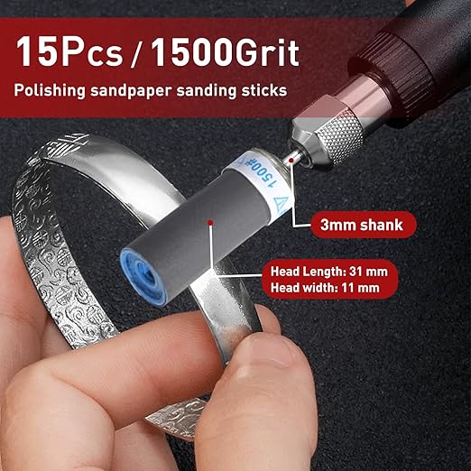 15Pcs 1500 Grit Sanding Drums Sandpaper Sticks Set with 1/8"(3mm) Shank for Dremel Rotary Tool, Suitable for Metal Rust Removal/Jade Polishing/Stone Grinding