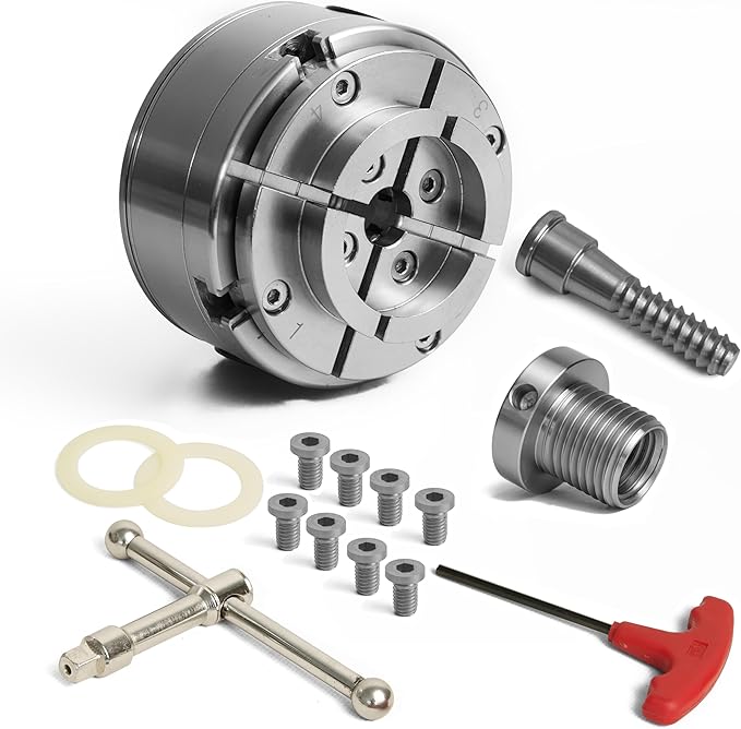 4.5" 4 Jaw Self-Centering Woodlathe Chuck, Thread 1-1/4"x8TPI, Dovetail Jaws, Wood Screw, Thread Adaptor, Nylon Washers, Chuck Key, T Handle Allen Key for Woodturning Lathe