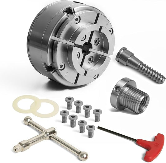 4.5" 4 Jaw Self-Centering Woodlathe Chuck, Thread 1-1/4"x8TPI, Dovetail Jaws, Wood Screw, Thread Adaptor, Nylon Washers, Chuck Key, T Handle Allen Key for Woodturning Lathe