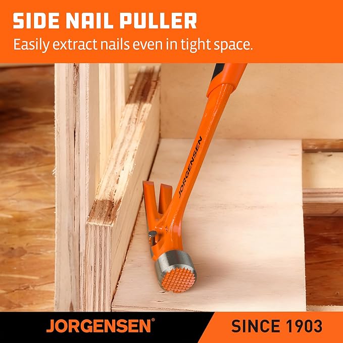 Jorgensen 20 oz Straight Claw Hammer with Magnetic Nail Holder, Rip Claw Hammer with Milled Face, Side Nail Puller, Shock Absorbing Grip, Heavy Duty One-piece Forged Hammer
