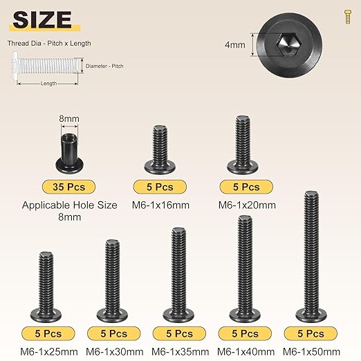 METALLIXITY Furniture Crib Screws Replacement Set with Wrench(M6-1x16/20/25/30/35/40/50) 70Pcs, Galvanization Connector Bolts M6 Screw Barrel Nuts Binding Screws, for Chair Cabinet Bed, Black