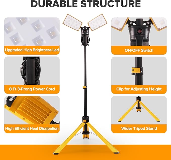 LUTEC ?륶pgraded??6290Pro 15000 Lumen 105 Watt Dual-Head LED Work Light with Telescoping Tripod, Work Light with Stand Rotating Waterproof Lamps and 8 Ft 3-Prong Power Cord