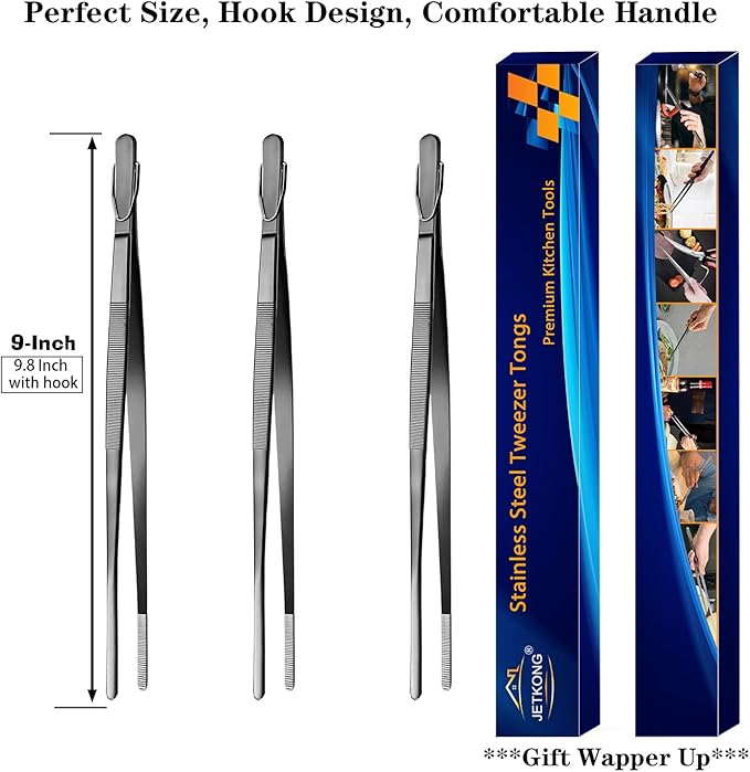 JETKONG 9-Inch Serving Tweezer Tongs Kitchen Tweezers Stainless Steel Cooking Tweezers, Set of 3 (9 9 9 Inch, Black)