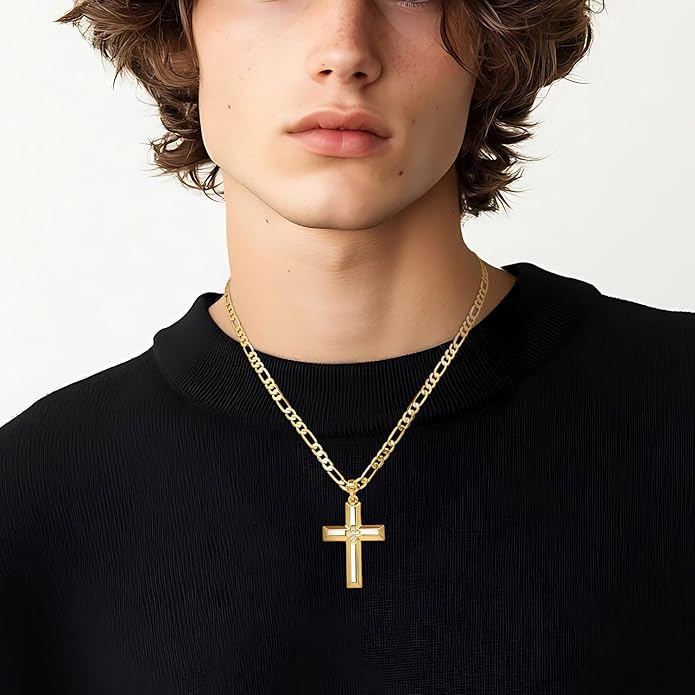 Cross Necklace for Men Gold Cross Necklace for Men 14K Gold Crosses Figaro Chain Pendant for Mens Crosses Necklaces Broad Subtle Sparkle with Cubic Zirconia Necklaces for Mens Chain 20/22/24 inches
