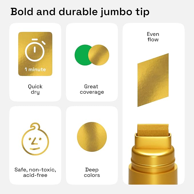 ARTISTRO 2 Gold Acrylic Paint Markers - 15mm Jumbo-Tip Paint Pens - Perfect for Crafting, Art Projects, & More