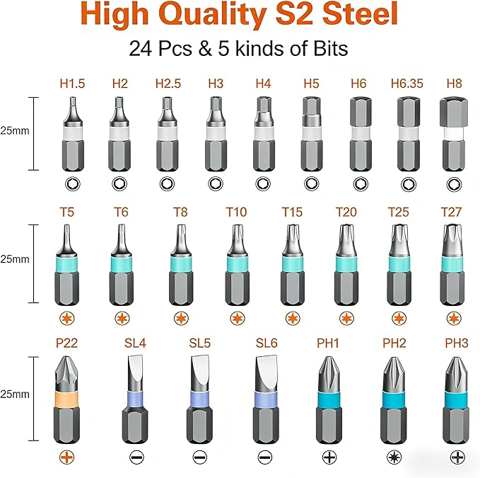 24 in 1 Magnetic Screwdriver Set, Multi Bit Magnetic Drive Set with Detachable Ratchet Handle, Mini Screwdriver Set, Portable Precision Repair Tool Kit for DIY, Electronics, Watch & Home Repair