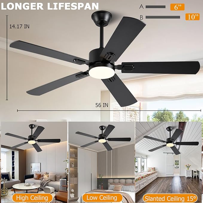56 inch Black Ceiling Fans with Lights and Remote/App Control, DC Reversible Motor, Noiseless, Dimmable, 6 Speeds Low Profile Modern Ceiling Fan for Livingroom, Indoor/Outdoor Use