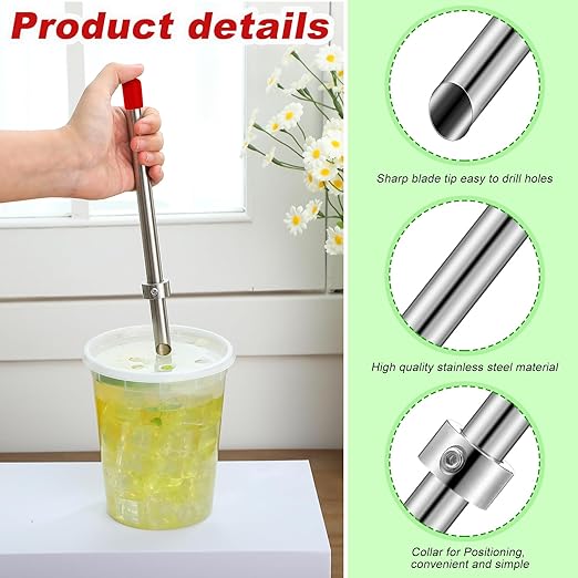 Lasnten 1 Pack Straw Puncher for Plastic Lids Lemonade Cups, Stainless Steel Straw Hole Puncher Punching Tools for Cafe Drinks Deli Container Fresh Squeezed Lemonade Stand Supplies (8.7 Inch,Red)