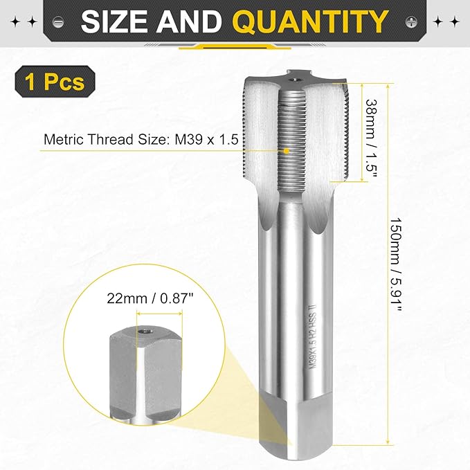 uxcell Hand Plug Tap M39 x 1.5 H2 Metric Thread Plug Style Taps Straight Flute Screw Tapping Threading Tool High Speed Steel HSS6542