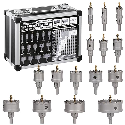 15PCS Carbide Hole Saw Kit, 5/8'' to 3'' Metal Hole Cutter with Pilot Drill, Holesaw for Hard Metal, Stainless Steel, Iron, Mild Steel, Aluminium, Alloy, Plastic, Fiberglass