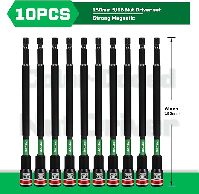 Impact Nut Driver Set, 10 Pieces 6?쒵ong 5/16?? Point Alloy Steel Magnetic SAE Nut Setter Set Use For Require Installing 1/4 Hex Shank Impact Driver with Case Box