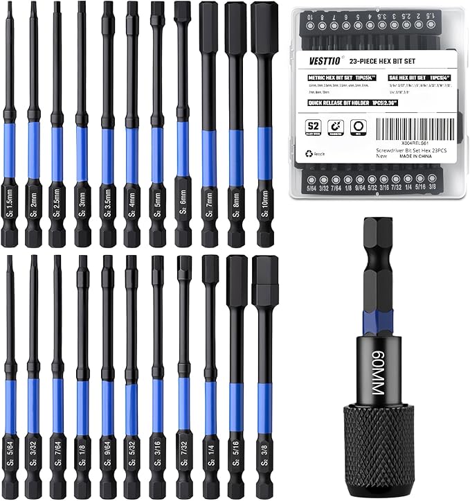 23PCS 4" Hex Bit Set, Metric & SAE Allen Wrench Drill Bit Set, 1/4" Hex Shank S2 Steel Magnetic Allen Key Bits with 60mm Quick Release Bit Extension for Power Drill Screwdriver Impact Driver