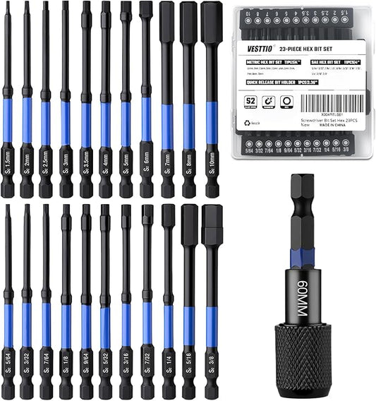 23PCS 4" Hex Bit Set, Metric & SAE Allen Wrench Drill Bit Set, 1/4" Hex Shank S2 Steel Magnetic Allen Key Bits with 60mm Quick Release Bit Extension for Power Drill Screwdriver Impact Driver