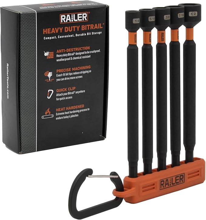 Railer Nut Driver Set - Premium 6 Inch 5-Piece Nutsetter Bit Set With A Storage Bit Holder & Carabiner