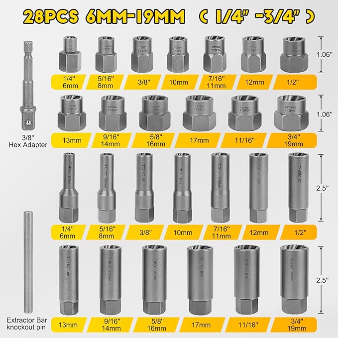 Topec Deep Bolt Extractor Set 28PCS, 3/8" Drive Bolt Extractor Kit, Spark Plug Extractor Socket Set, Lug Nut Removal Tool for Stripped, Broken, Rounded Bolts Lug Nut Stud Remove