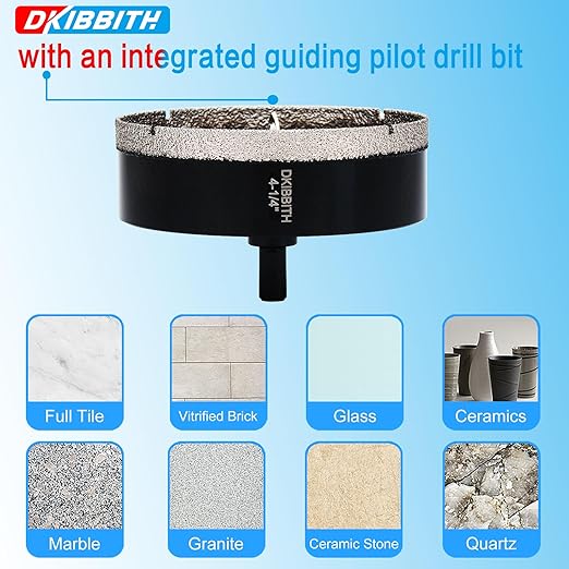 4-1/4" Diamond Hole-Saw Bits with Pilot Drill Bit 4-1/4 in Diamond Tipped Tile Hole Saws with Guiding Bit for Accurate Drilling, for Porcelain Tile Ceramic Pottery Granite Stone Glass Bottles 110mm