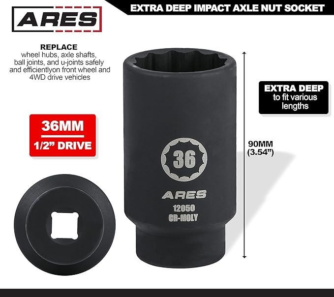 ARES 12050-36MM Axle Nut Socket - 12 Point Socket - Extra Deep 1/2-Inch Drive Impact Socket for Easy Removal of Axle Shaft Nuts