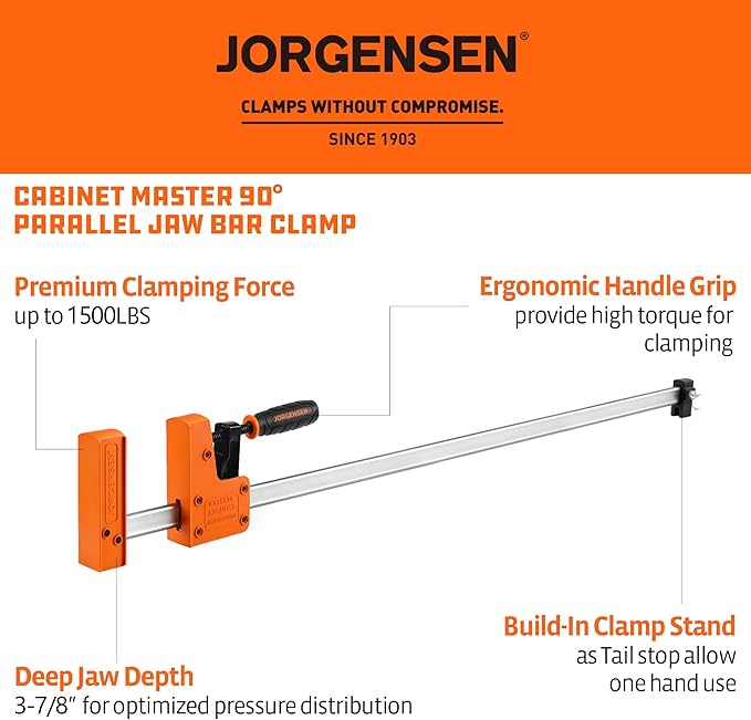 Jorgensen 2-pack 30??Bar Clamp Set, 90째 Parallel Clamp Cabinet Master, Steel Jaw Bar Clamp for Woodworking, 1500 lbs load Limited