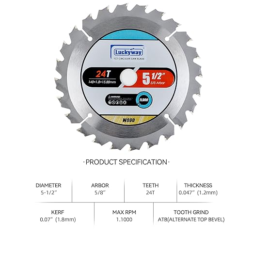 Luckyway 5-1/2 Inch 24T with 5/8 Inch Arbor TCT Circular Saw Blade 2-Pack General Purpose and Trimming Saw Blade, Cordless Trim Saw Blade for Cutting Wood(1/2-Inch and 10-mm Reducer Bushings Include)