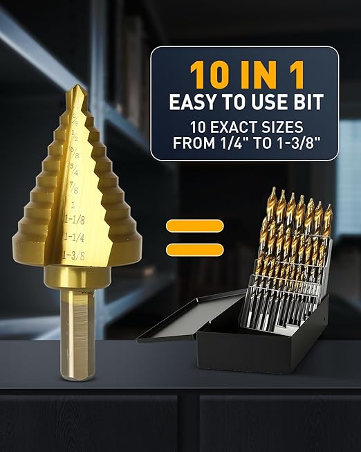 COMOWARE Step Drill Bit for Metal, Titanium Coated, Double Cutting Blades, High Speed Steel, Short Length Drill Bit, Total 10 Sizes from 1/4??to 1-3/8", for Steel Sheets Aluminum Copper Plastic Wood