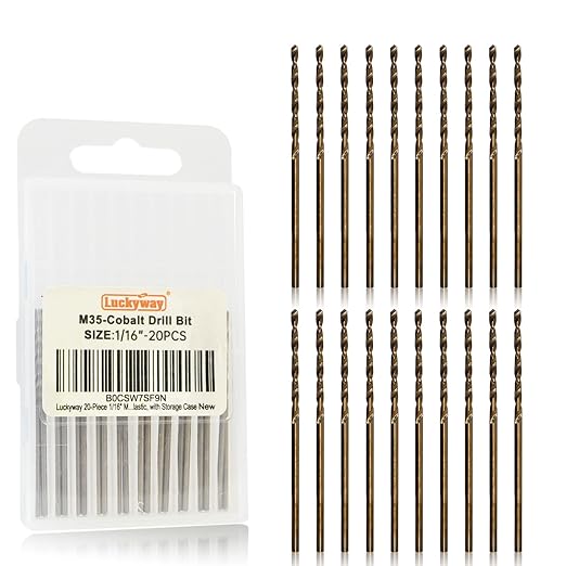 Luckyway 1/16" Cobalt Drill Bit (20 Pcs), Jobber Length Twist Drill Bit Set for Hard Metal, Stainless Steel, Cast Iron, Wood and Plastic, with Storage Case