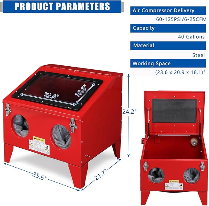 40 Gallon Bench Top Air Sandblasting,Heavy Duty Steel Cabinet Sandblaster Abrasive Blast with Gun and 4 x Nozzles Air Compressor Delivery 60-125PSI/6-25CFM for Rust Removal, Stain, Paint