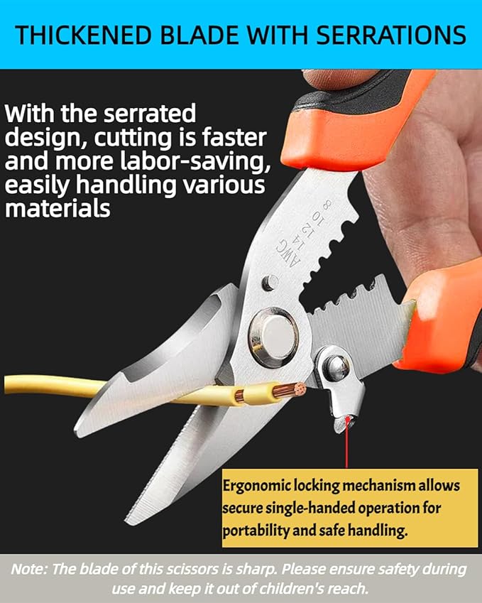 Scissors All Purpose Heavy Duty - Electrician Scissors for Cutting/Stripping Wires - Sharp Shears With Serrated Blades - Utility Snips Easy Cutting Carpet/Cardboard/Wires/