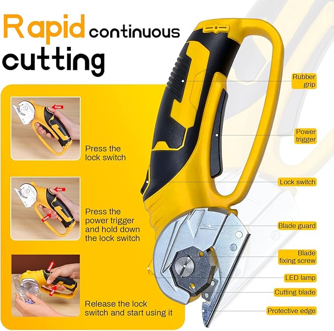 Cordless Electric Scissors with two Blades, 4V Rechargeable Cardboard Box Cutter with LED Light & Safety Lock,Powerful Rotary Cutter tool Cuts Fabric, Cardboard, Leather, Carpet up to 1/4”