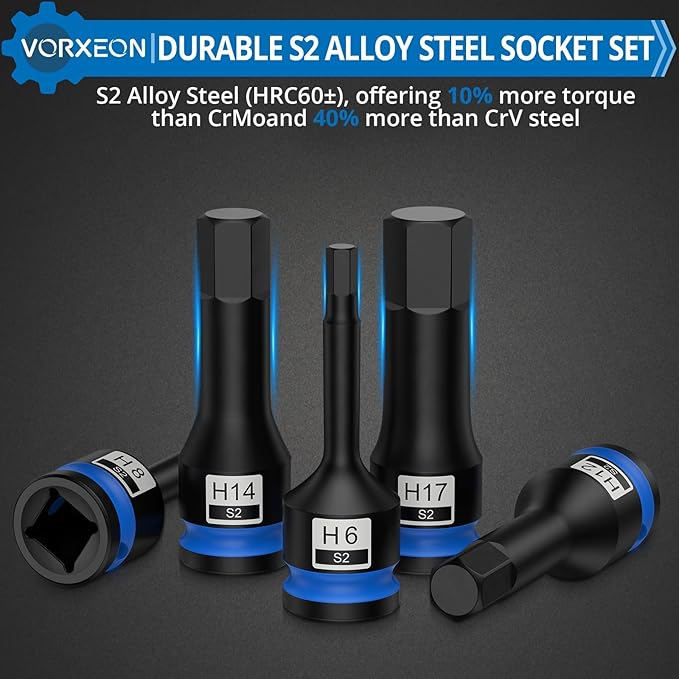 8 Pcs 1/2" Drive Metric Impact Allen Hex Socket Set S2 Alloy Steel One-piece forged With Storage Case 5 mm, 6 mm, 8 mm, 10 mm, 12 mm, 14 mm, 17 mm, 19 mm