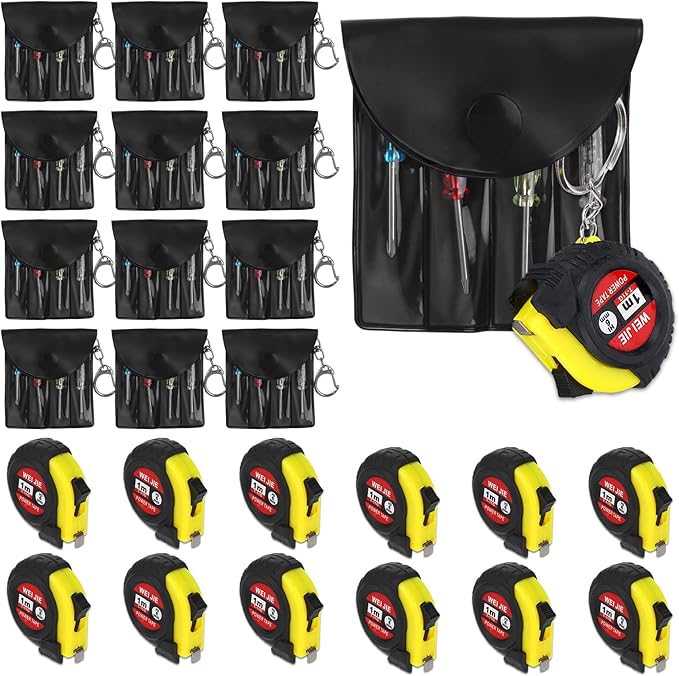 24 Set Mini Tape Measure Pocket Screwdriver Keychain Kit, Screwdriver Set for Party Favors Adults, Small Tool Pouch with Mini Screwdriver Measure Tape for Christmas Adult Party Favors