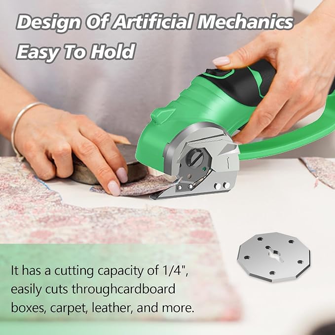 Cordless Electric Scissors, 4V Rechargeable Box Cutter & Cardboard Cutter with Titanium Blade, LED Light, Safety Lock - Rotary Cutter for Fabric, Leather, Plastic, Crafting, Sewing(Bright Green)