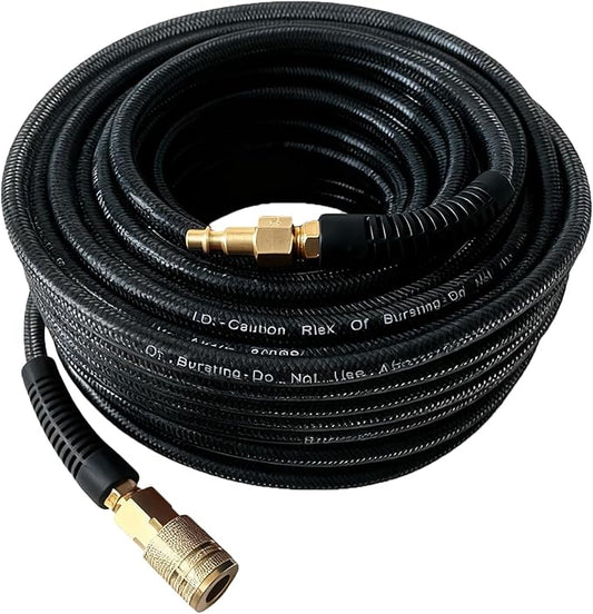 Air Hose 1/4 in x 100 ft, Polyurethane(PU), Reinforced Air Compressor Hose, Lightweight, Kink Resistant with 1/4??Industrial High Flow Quick Coupler and Plug, Bend Restrictors,300 PSI (Black, 100FT)