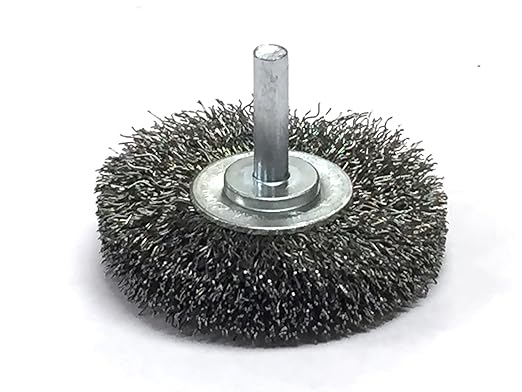 Benchmark Abrasives 2.5 Inch Grinder Mounted Crimped Wire Wheel for Drill with 1/4" Shank, Steel Brush for Rust Removal, Cleaning, Deburring on Cast Iron, Steel Rotary Tools (5 Pack) - Carbon Steel