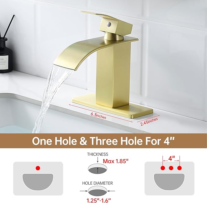FRANSITON Black Waterfall Bathroom Faucet Lavatory Single Handle 1 or 3 Hole Bathroom Sink Faucet Washbasin Faucet with Deck and Pop-up Drain (Brushed Light Gold, Short)