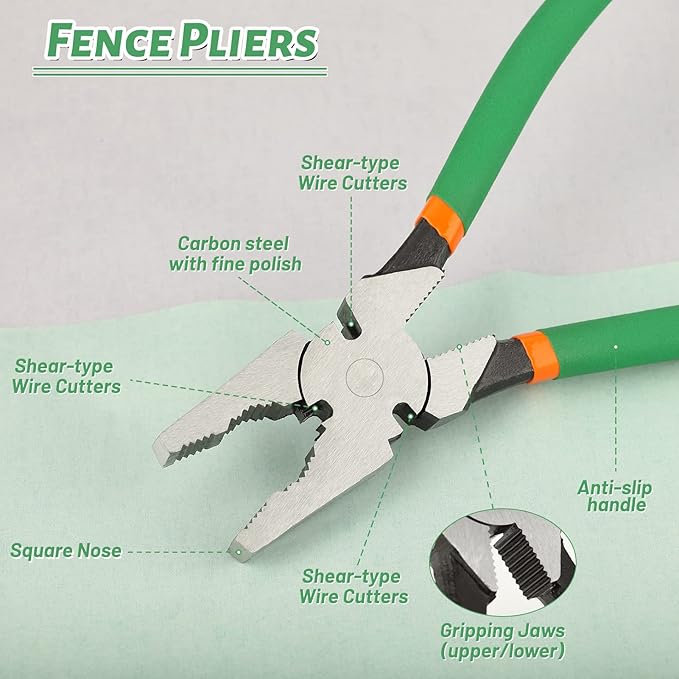 SPEEDWOX 10" Heavy Duty Square Nose Fence Pliers - High-Leverage Multi-purpose Chain Link Fence Tool - Barbed Wire Cutter, Nail Puller