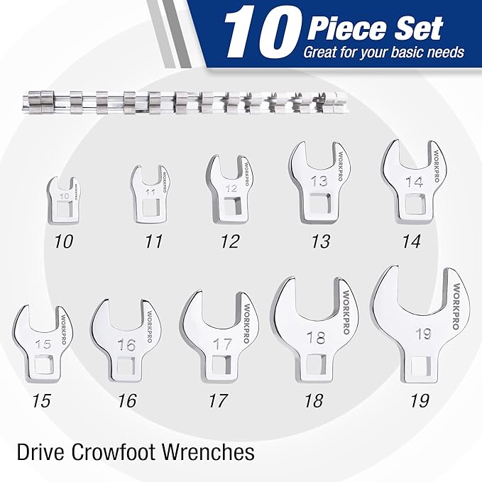 WORKPRO 3/8" Drive Crowfoot Wrench Set, 10-Piece Metric Crowfoot Wrench with Clip-on Organizer, 10-19mm, Great for Automotive Repair Work Hard-To-Reach Areas