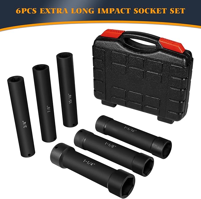 6.75 Inch Long Extended Length Impact Socket Set 1/2 Inch Drive Extra Deep Sockets Heavy Duty Steel With Hex Sizes 3/4" 7/8" 15/16" 1-1/16" 1-1/8" 1-1/4" for High Torque Use 6PCS