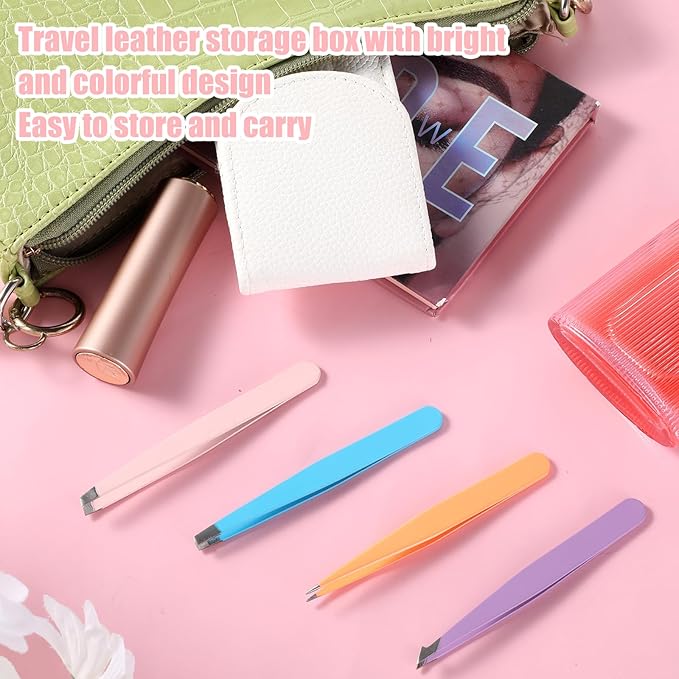 4Pcs Mini Tweezers Set, Micro Tweezers Stainless Steel Precision Eyebrow Tweezer for Facial Hair Removal, Travel Size With Leather Case
