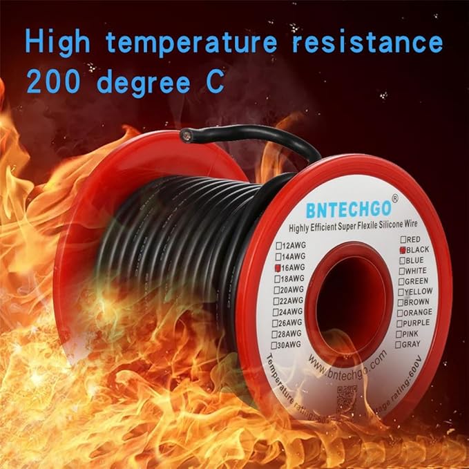 BNTECHGO 16 Gauge Silicone Wire Spool 50 ft Black Flexible 16 AWG Stranded Tinned Copper Wire