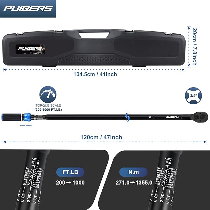High Torque Wrench 1'' 200-1000 ft, 1 Inch Torque Wrenches for Car, Truck, Tractor, Accuracy 짹 3% Two Directions Adjustable 24 Teeth Precision Instruments