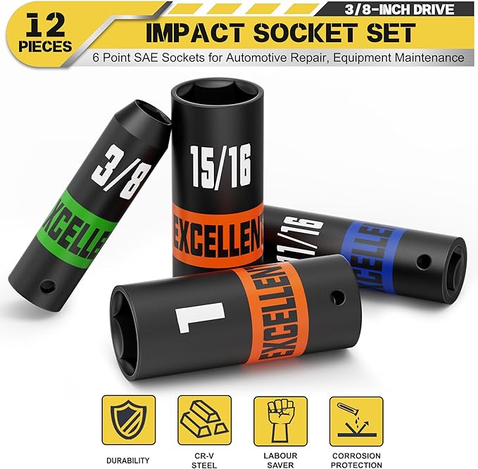 12 Pieces 3/8-Inch Drive Impact Socket Set, 5/16" to 1" Deep Socket, 6 Point SAE Sockets for Automotive Repair, Equipment Maintenance