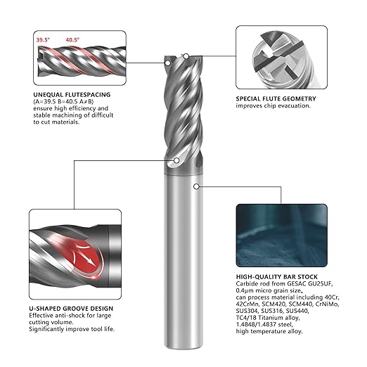 Carbide End Mills 3/16??4 Flute Square Nose CNC Milling Bits, Carbide Rod from GESAC, for TC4/18 Titanium Alloy, 1.4848/1.4837 Steel, Stainless Steel, High Temperature Alloy