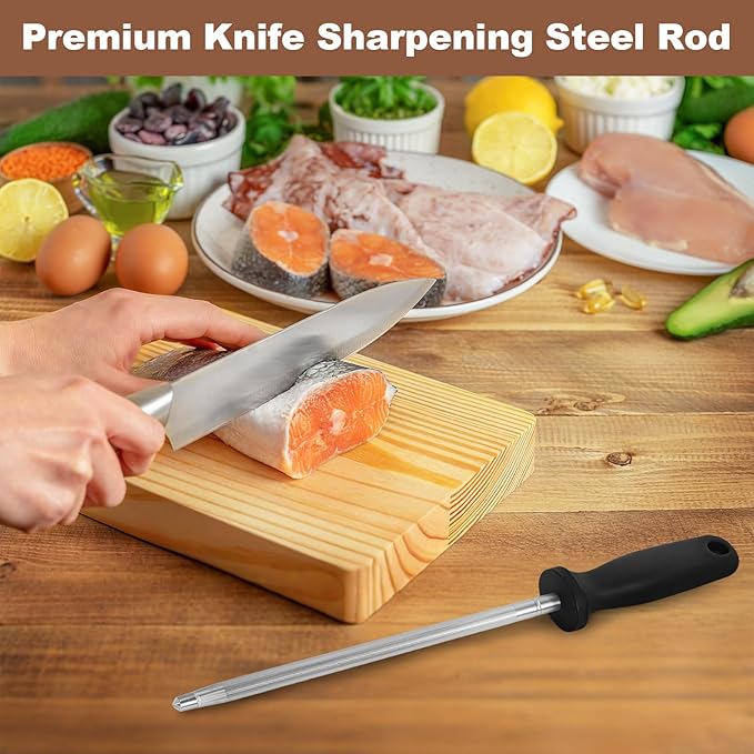 12 Inches Knife Sharpening Steel Rod, High Carbon Steel Honing Rod with 9 Inches Sharpening Steel and Ergonomic PP Handle, Premium Kitchen Knife Sharpener for Chefs and Home Cooks Use